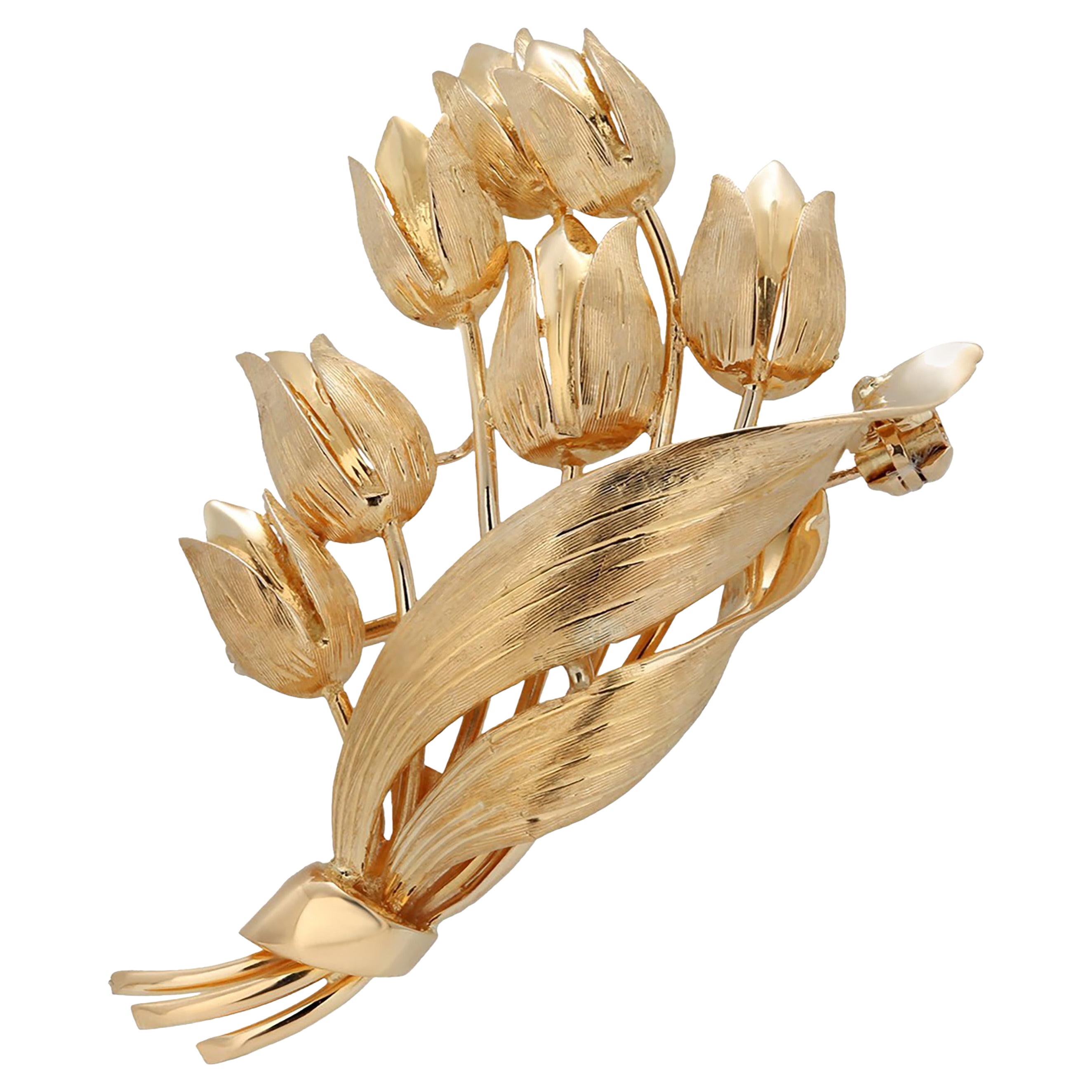 Tiffany Co Vintage 18 Karat Yellow Gold Tulip 1.9 Inch Brooch Signed Italy For Sale