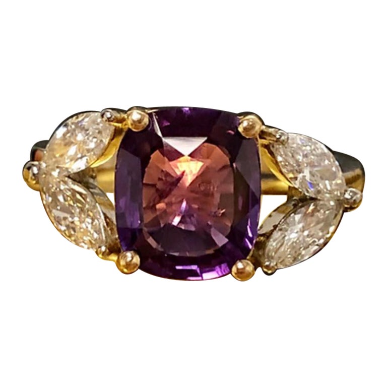 Estate Platinum 18k GIA No Heat Cushion Purple Sapphire Diamond Ring For Sale