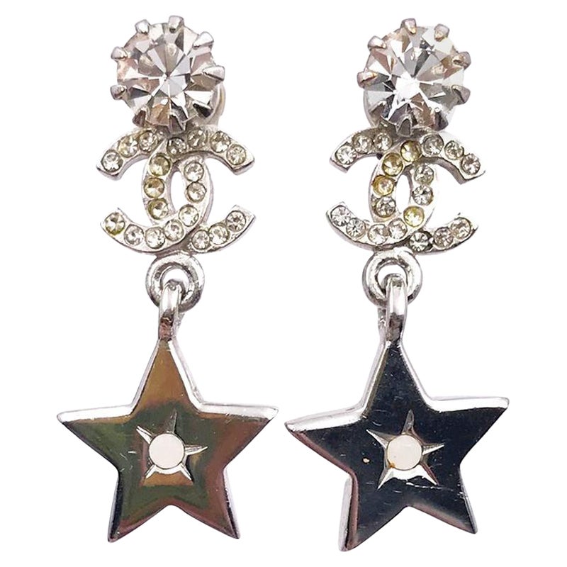 Chanel Silver CC Crystal Star Dangle Piercing Earrings For Sale