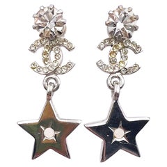Chanel Silver CC Crystal Star Dangle Piercing Earrings