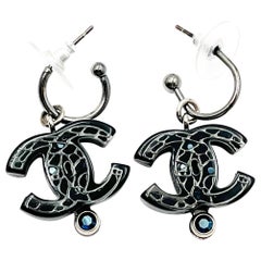 Chanel Black Globe Blue Stone Dangle Hoop Piercing Earrings 