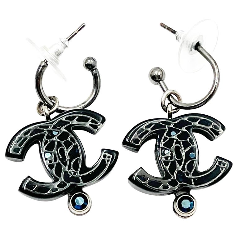 Chanel Black Globe Blue Stone Dangle Hoop Piercing Earrings at