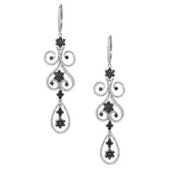 10.3 Carat Black and White Diamond Flower Dangle Earrings 14 Karat in Stock