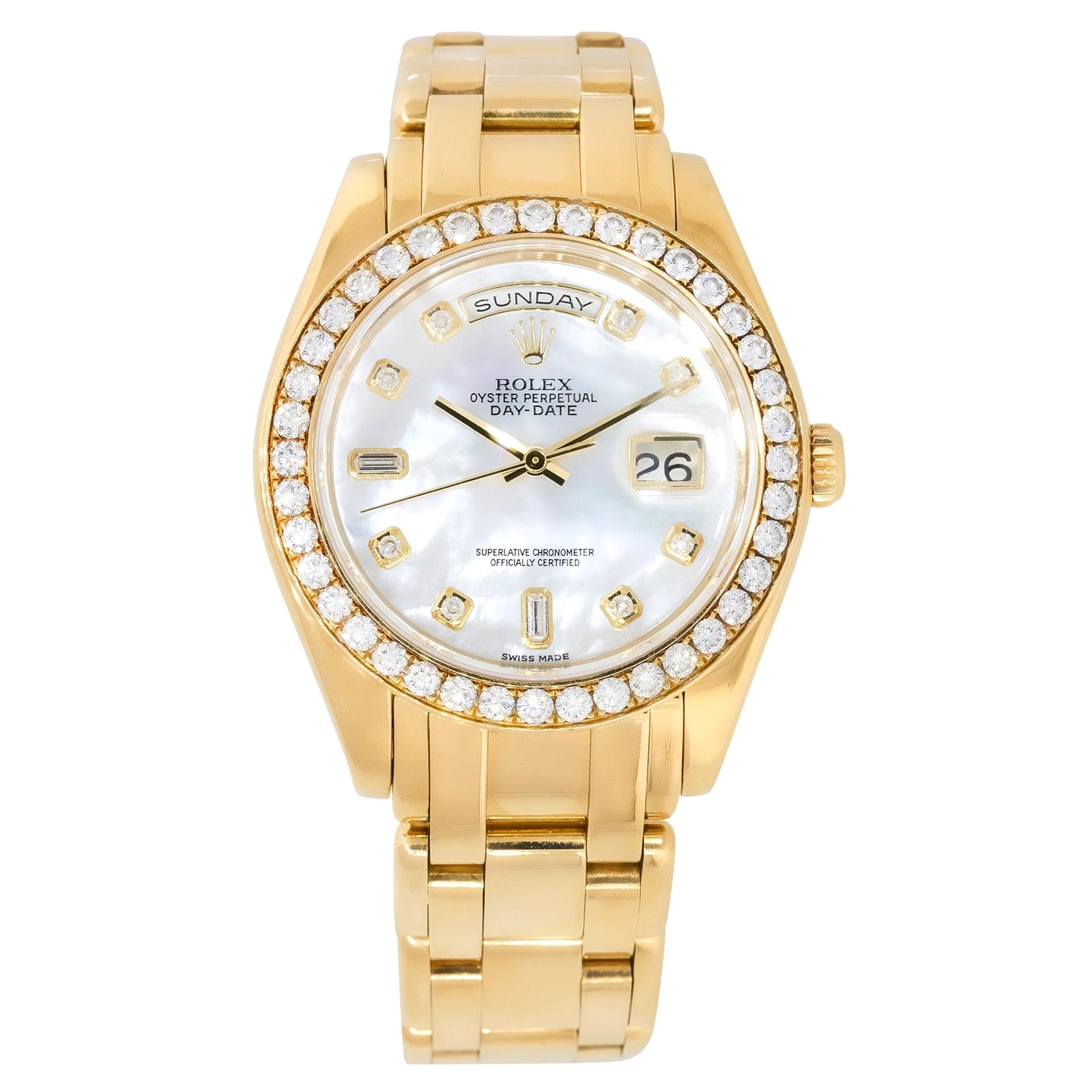 Rolex 18948 Day-Date 18k Mother of Pearl Masterpiece Diamond Watch For Sale  at 1stDibs | mother of pearl rolex, rolex mother of pearl, rolex tridor  masterpiece