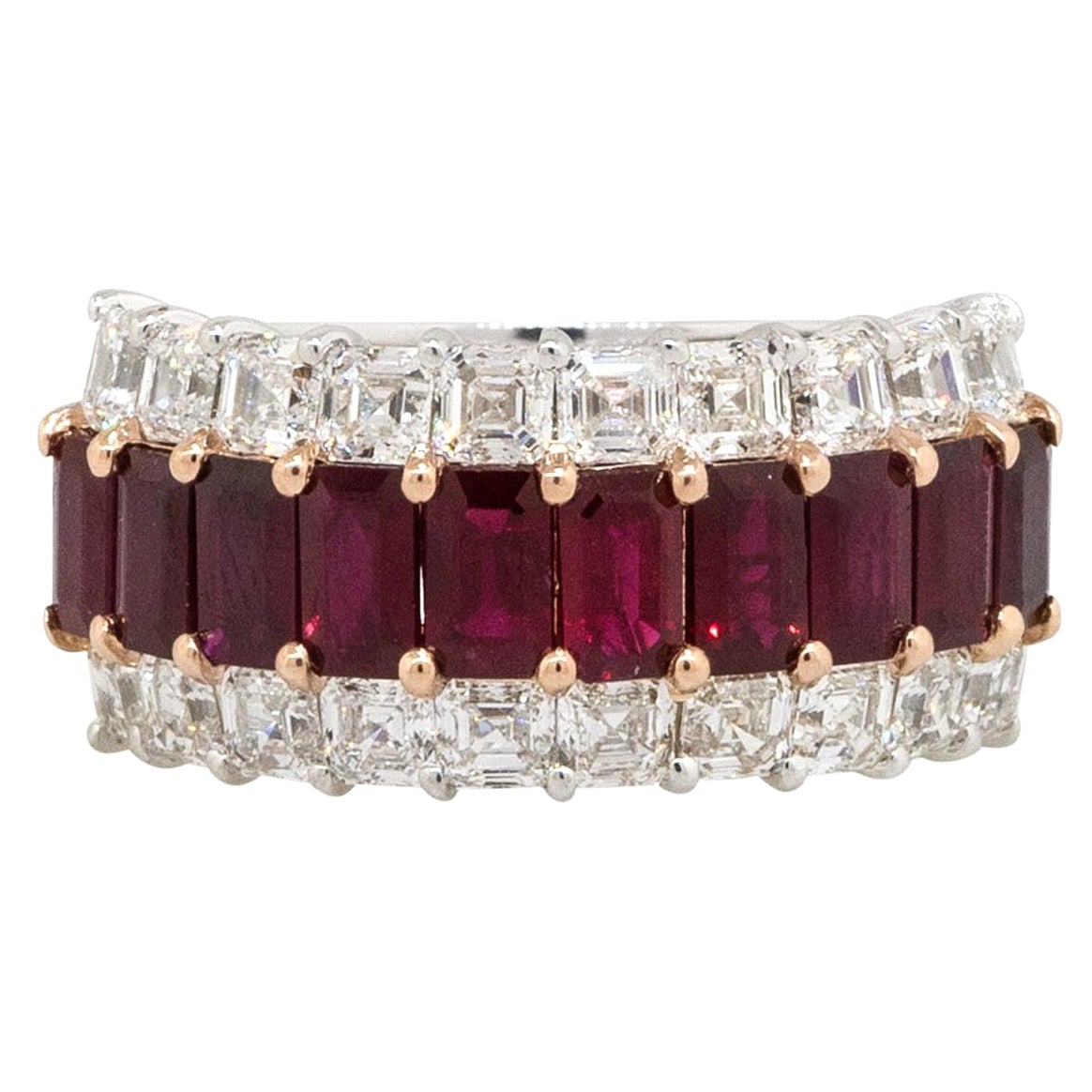 Ruby & Diamond Three Row Wide Ring 18 Karat in Stock For Sale