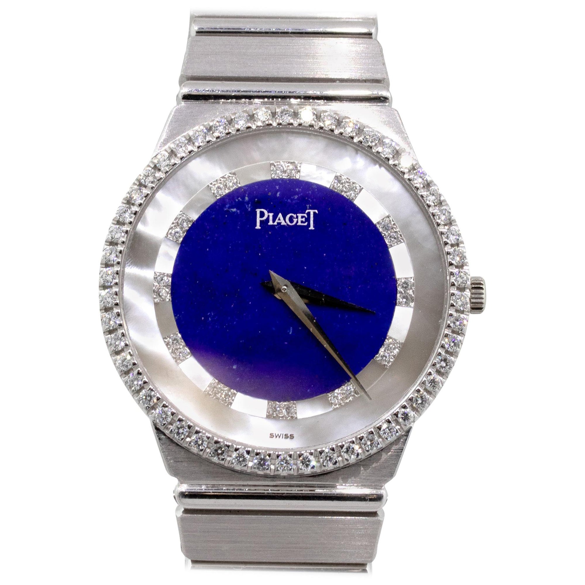 Piaget 18 Karat White Gold Lapis Lazuli and Mother of Pearl Dial Watch For Sale