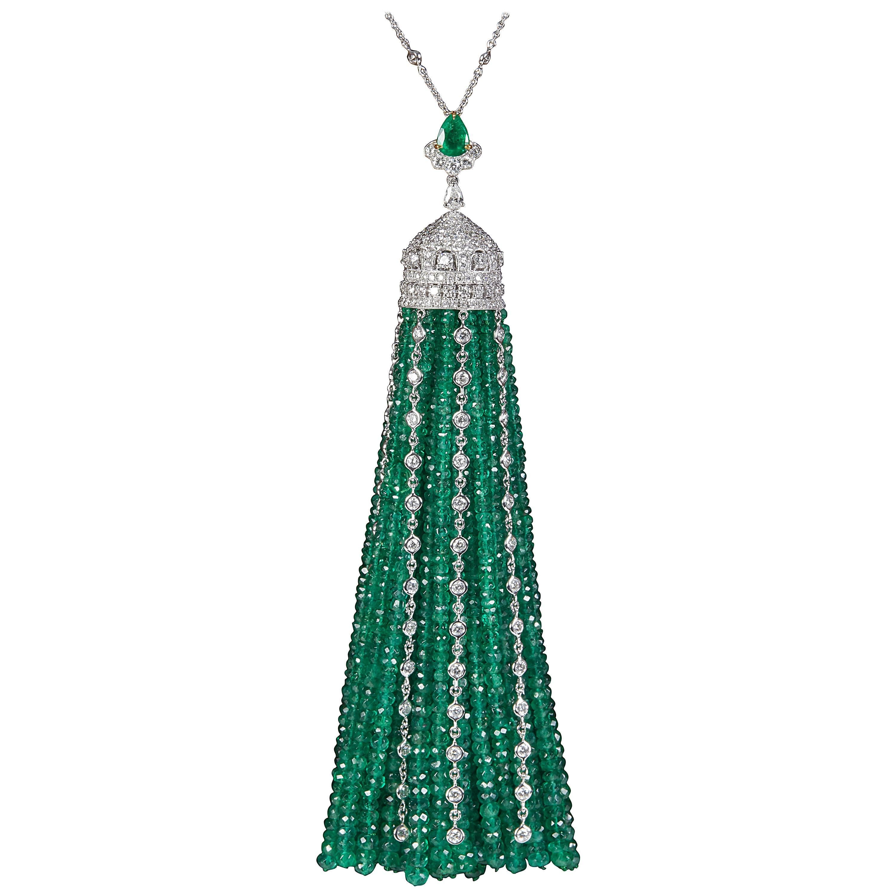 Incredible Important Emerald Diamond Gold Tassel Necklace 