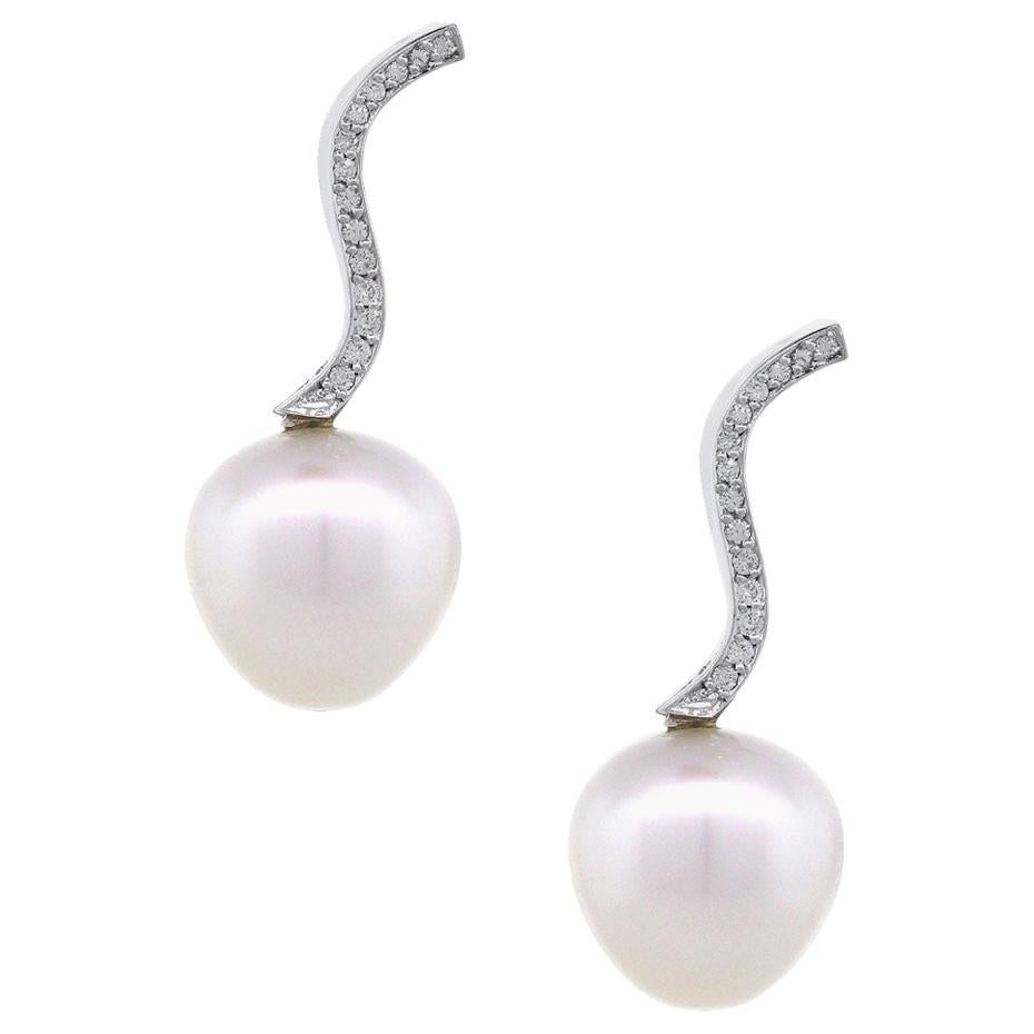 Diamond Pearl Dangle Earrings For Sale