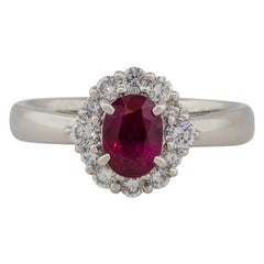 1.12 Carat Oval Ruby Center Diamond Halo Ring Platinum in Stock