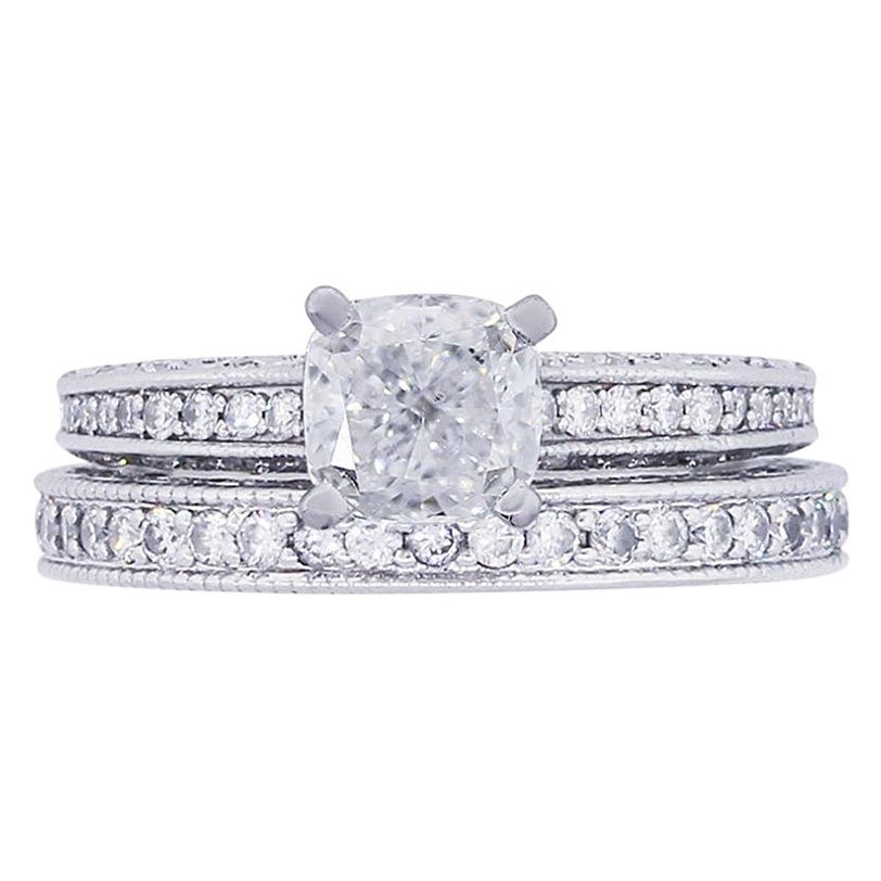 GIA Certified Cushion Cut Diamond Ring and Band Set For Sale