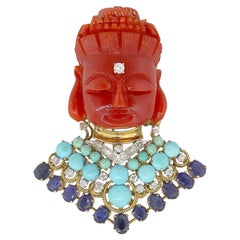 Diamond, Sapphire and Coral Buddha Inspired Pin Pendant