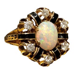 Estate Vintage Art Deco F & F Felger Opal Diamond Enamel Ring