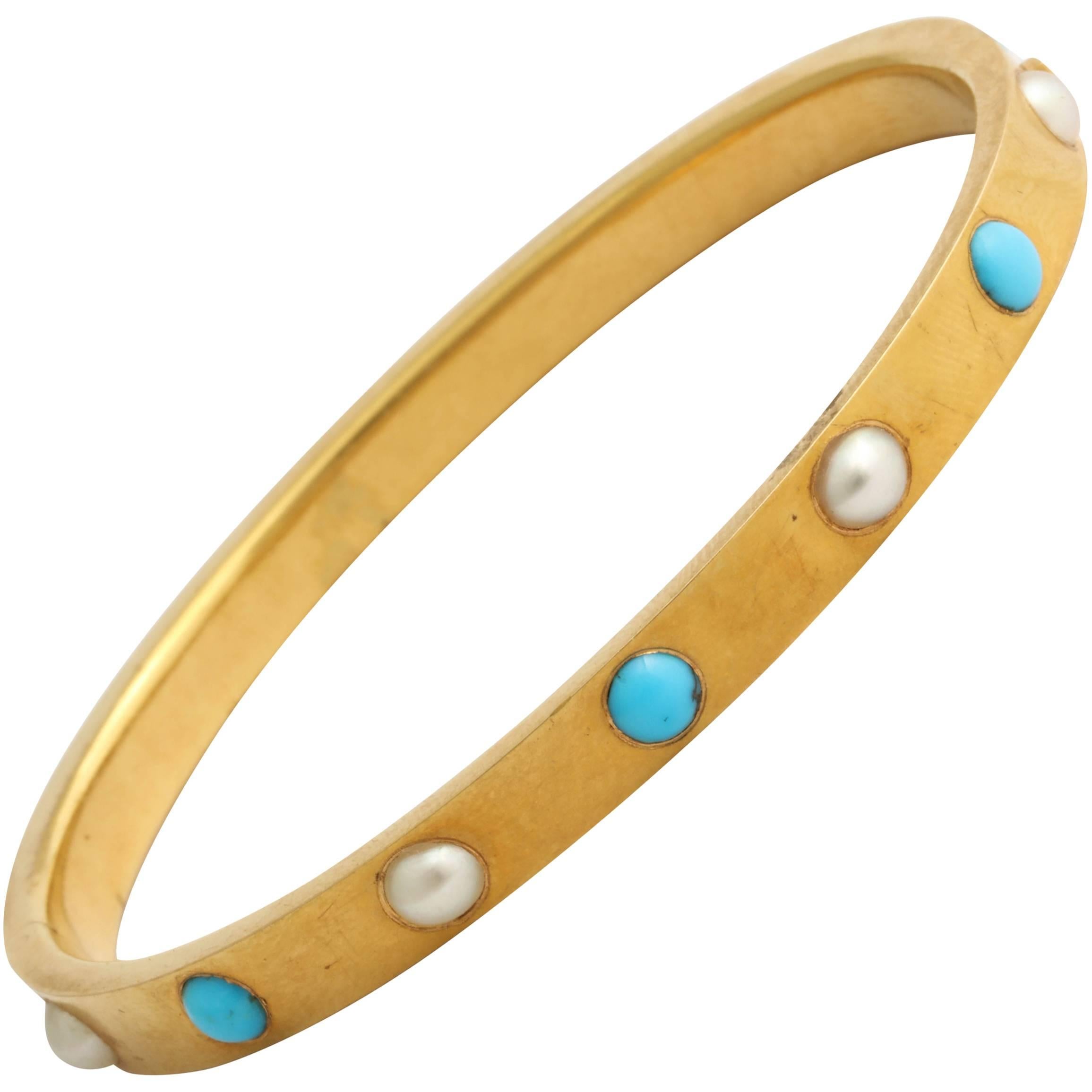 Persian Turquoise Pearl Gold Bangle Bracelet