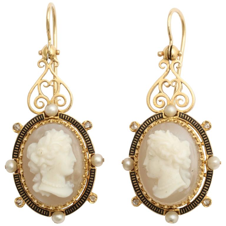 Enamel Pearl Diamond Gold Cameo Earrings At 1stdibs Enamel Pearl Diamond Gold Cameo Earrings For