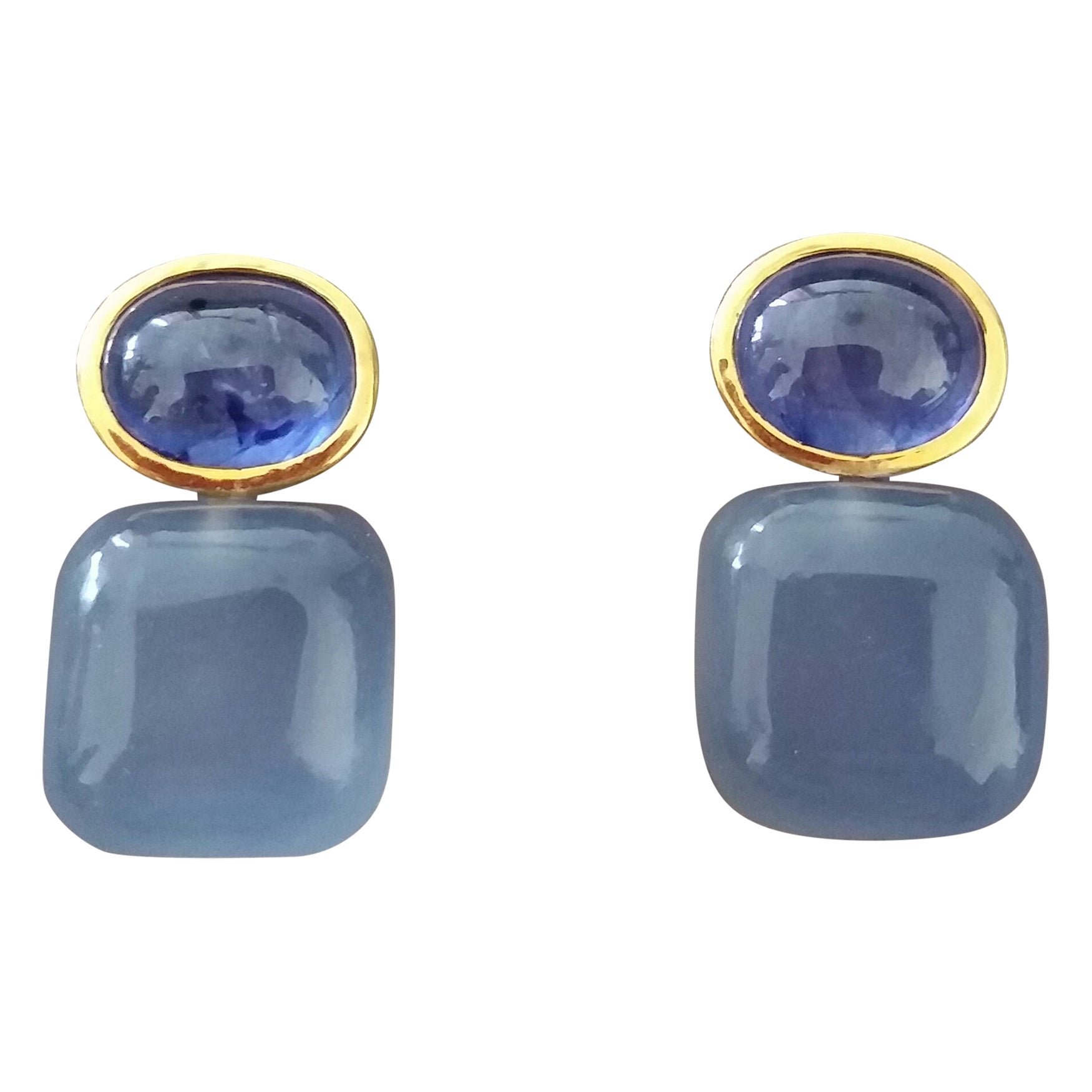 Blue Sapphire Cabs 14kt Solid Gold Blue Chalcedony Cushion Shape Stud Earrings For Sale