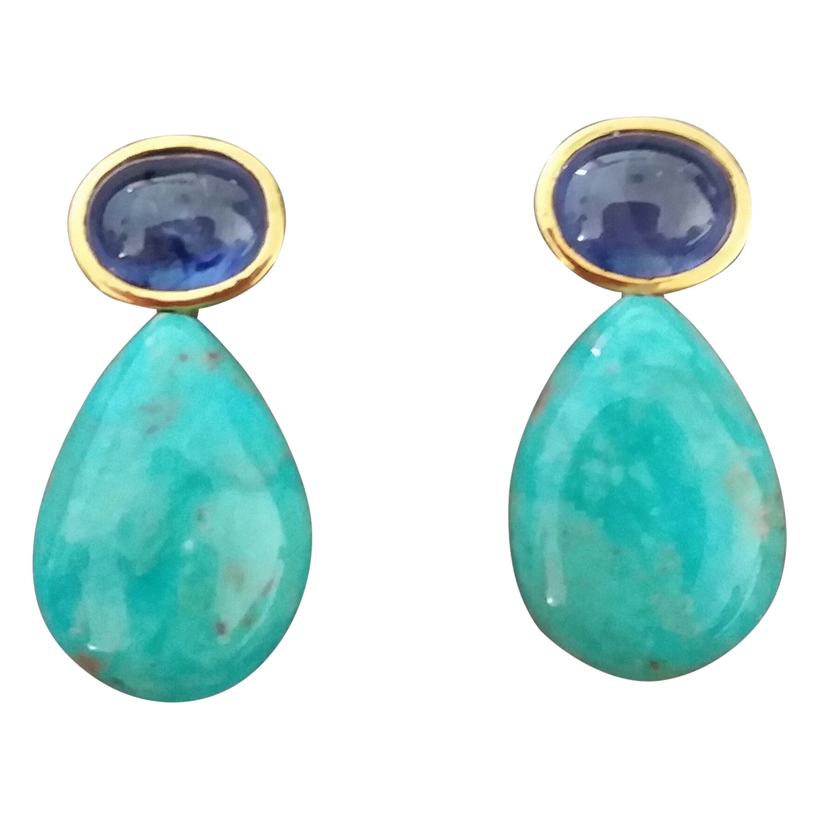Blue Sapphire Cabs 14kt Solid Gold Natural Turquoise Plain Drops Stud Earrings For Sale