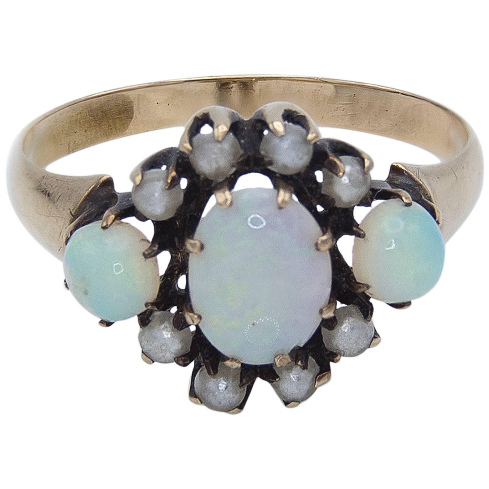 1900s Sparkly Opal Natural Pearl Gold Ring For Sale
