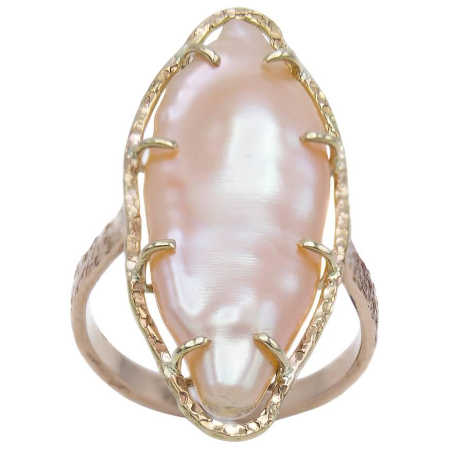 Peach Freshwater Pearl Two Color Gold Ring For Sale