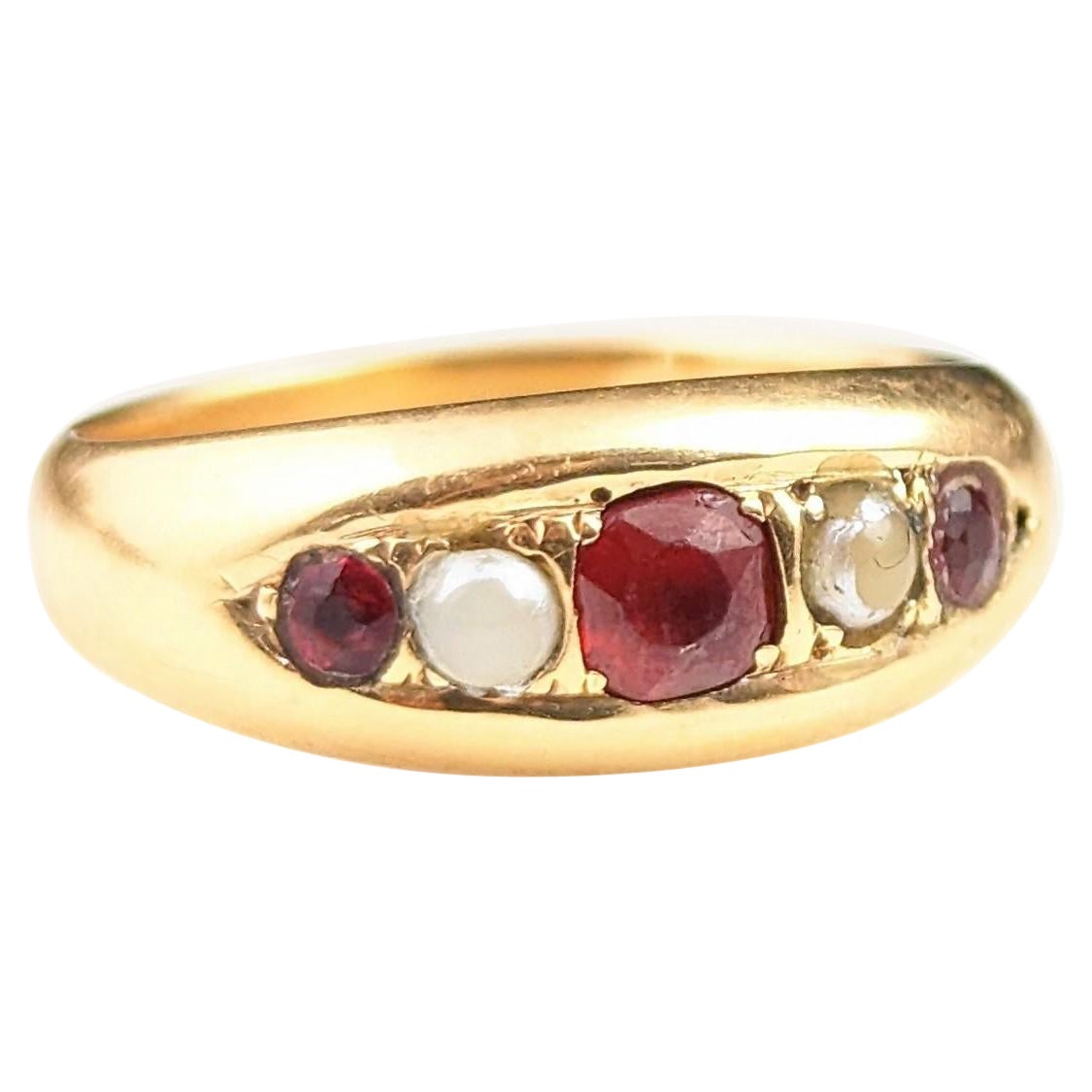 Antique 18k Gold Gypsy Set Ring, Red Paste and Pearl, Victorian