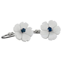 Flower 14k Gold Earrings with Blue Sapphires, Flower Carved Earrings