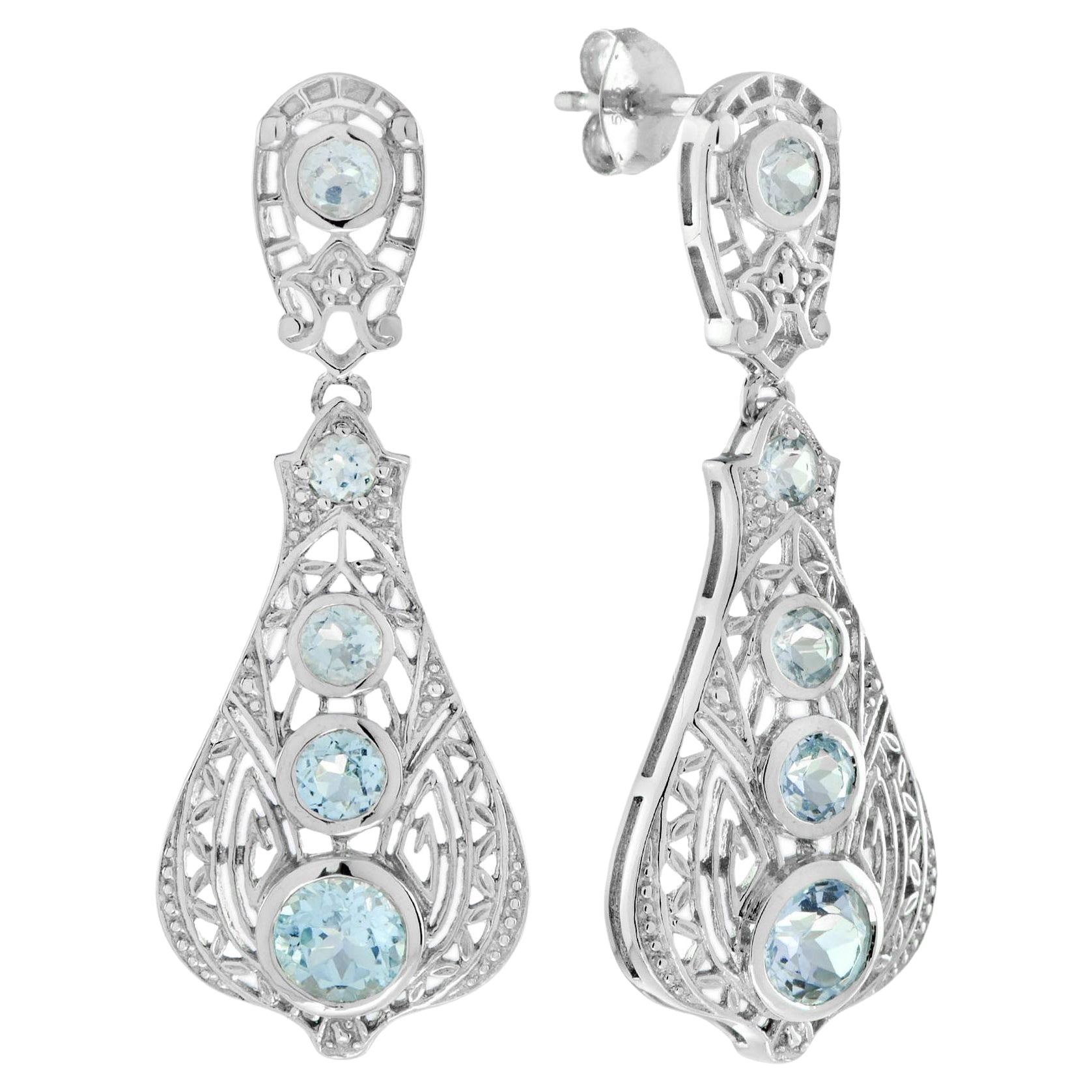 Blue Topaz Filigree Dangle Earrings in 14K White Gold For Sale