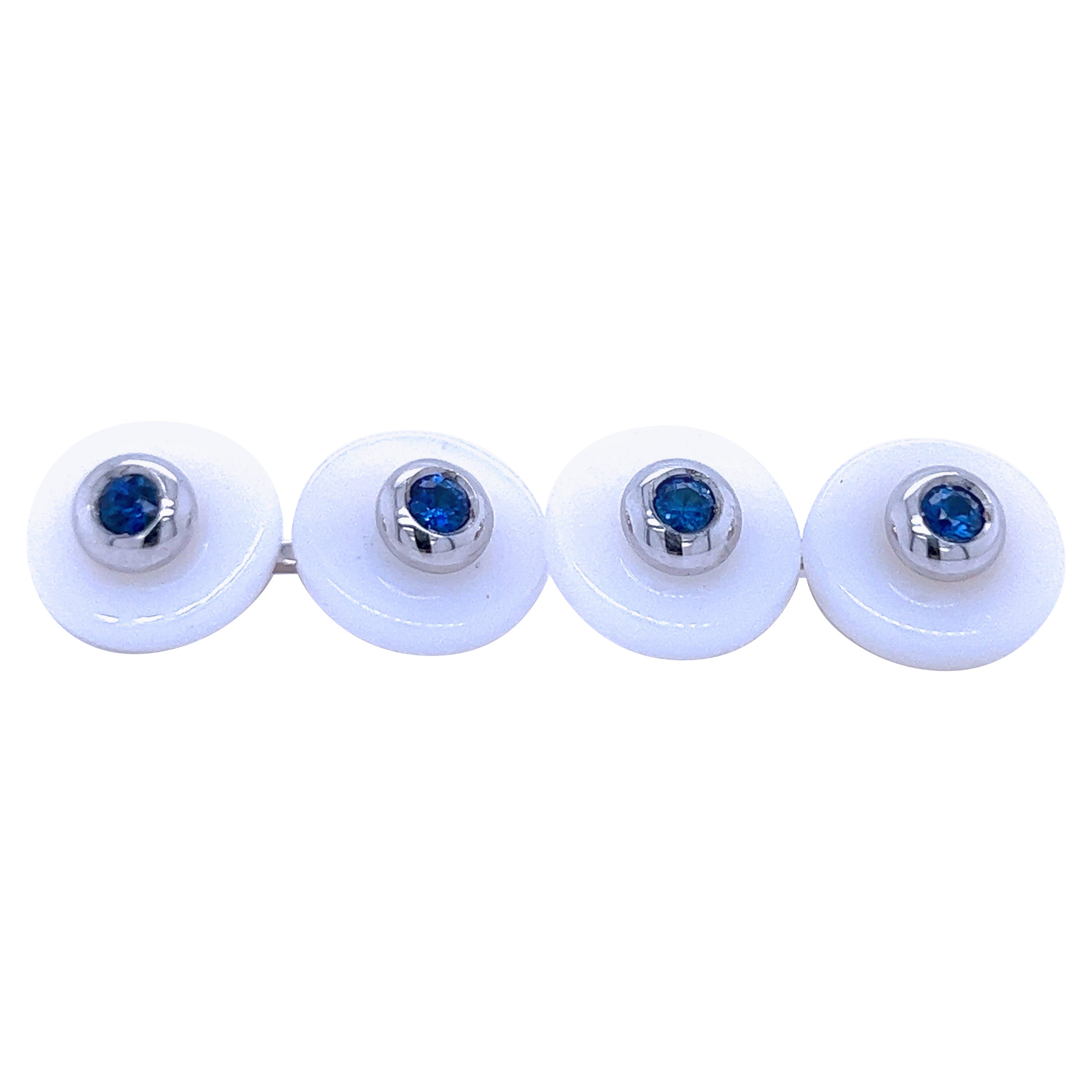 Berca Royal Blue Sapphire White Chalcedony Disk Setting White Gold Cufflinks For Sale
