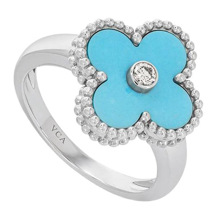 Van Cleef & Arpels White Gold Turquoise and Diamond Vintage Alhambra Ring For Sale