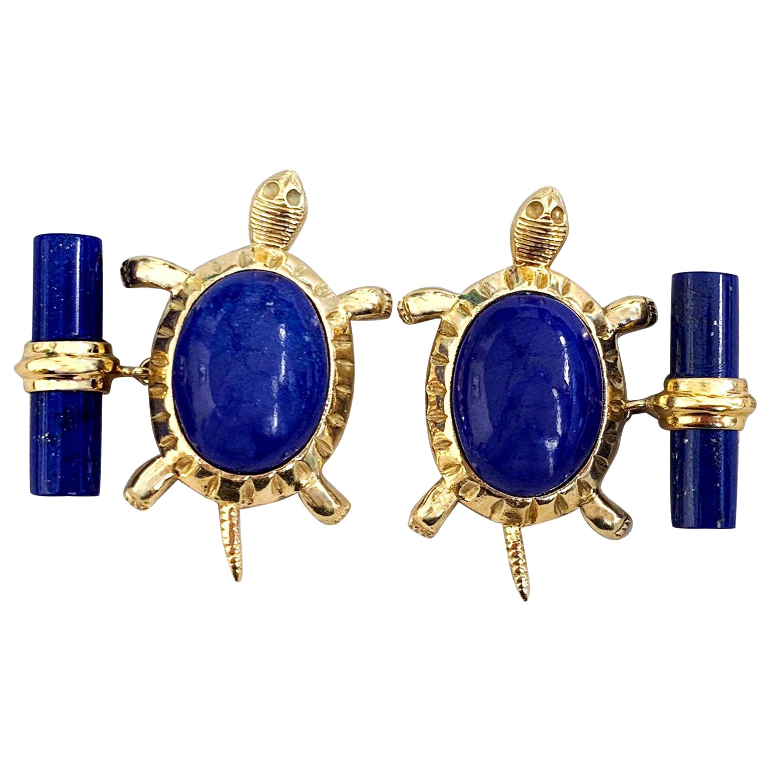 18 Karat Yellow Gold Lapis Lazuli Turtle Cufflinks For Sale