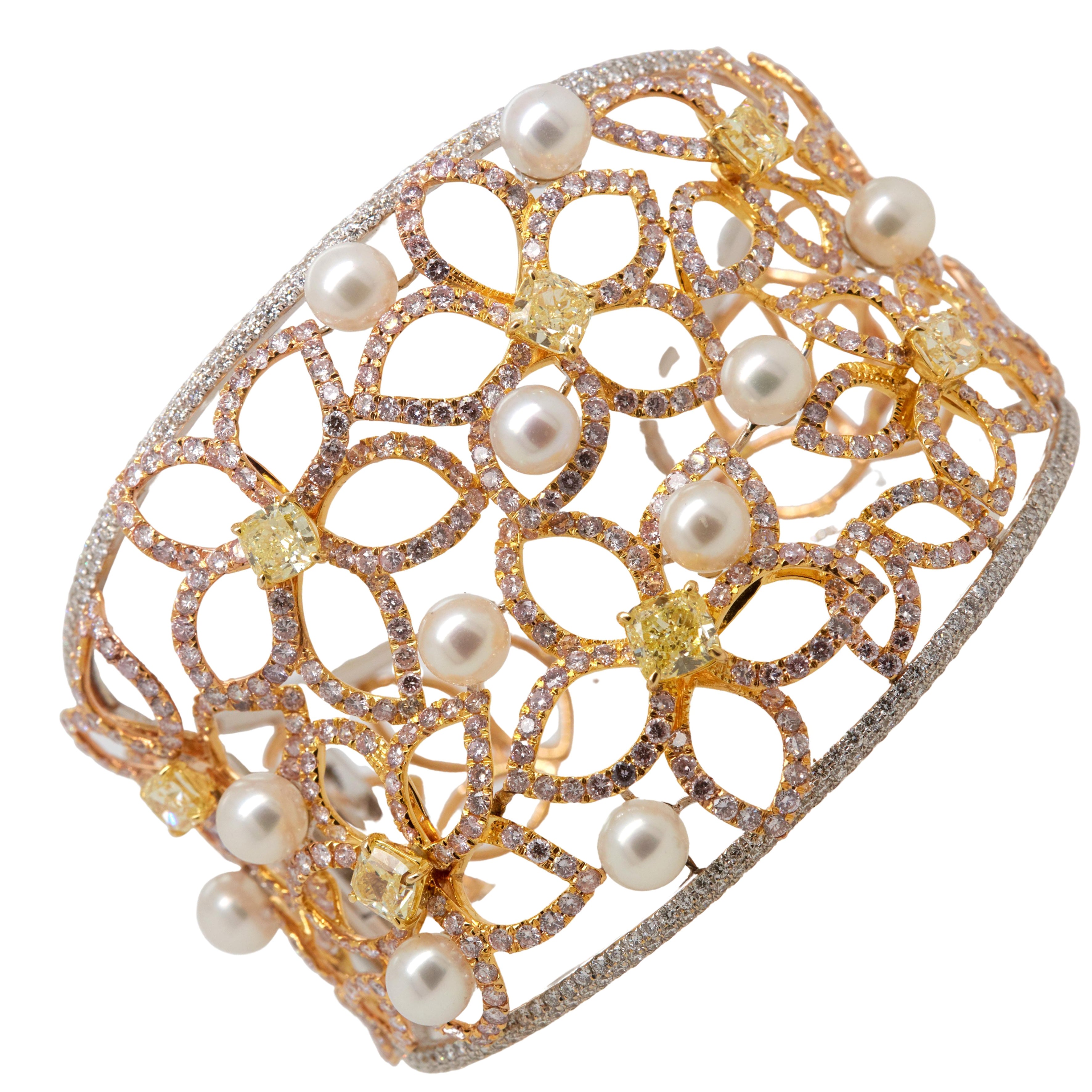 17.80 Carat Multicolor Diamond and Pearls Bangle Bracelet 18K Gold For ...