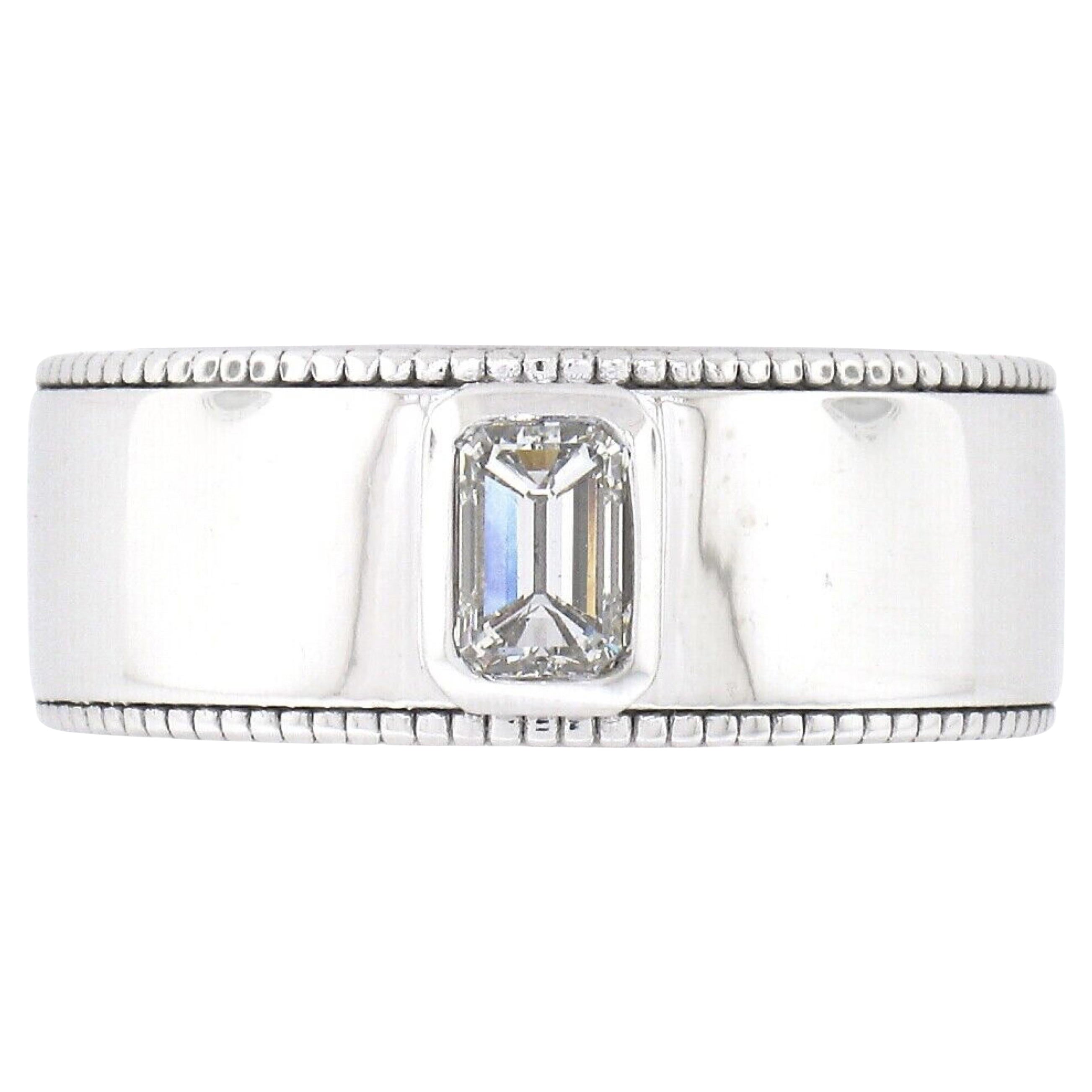 New 14k Gold GIA 0.53ctw Emerald Cut Diamond Solitaire Milgrain Wide Band Ring For Sale