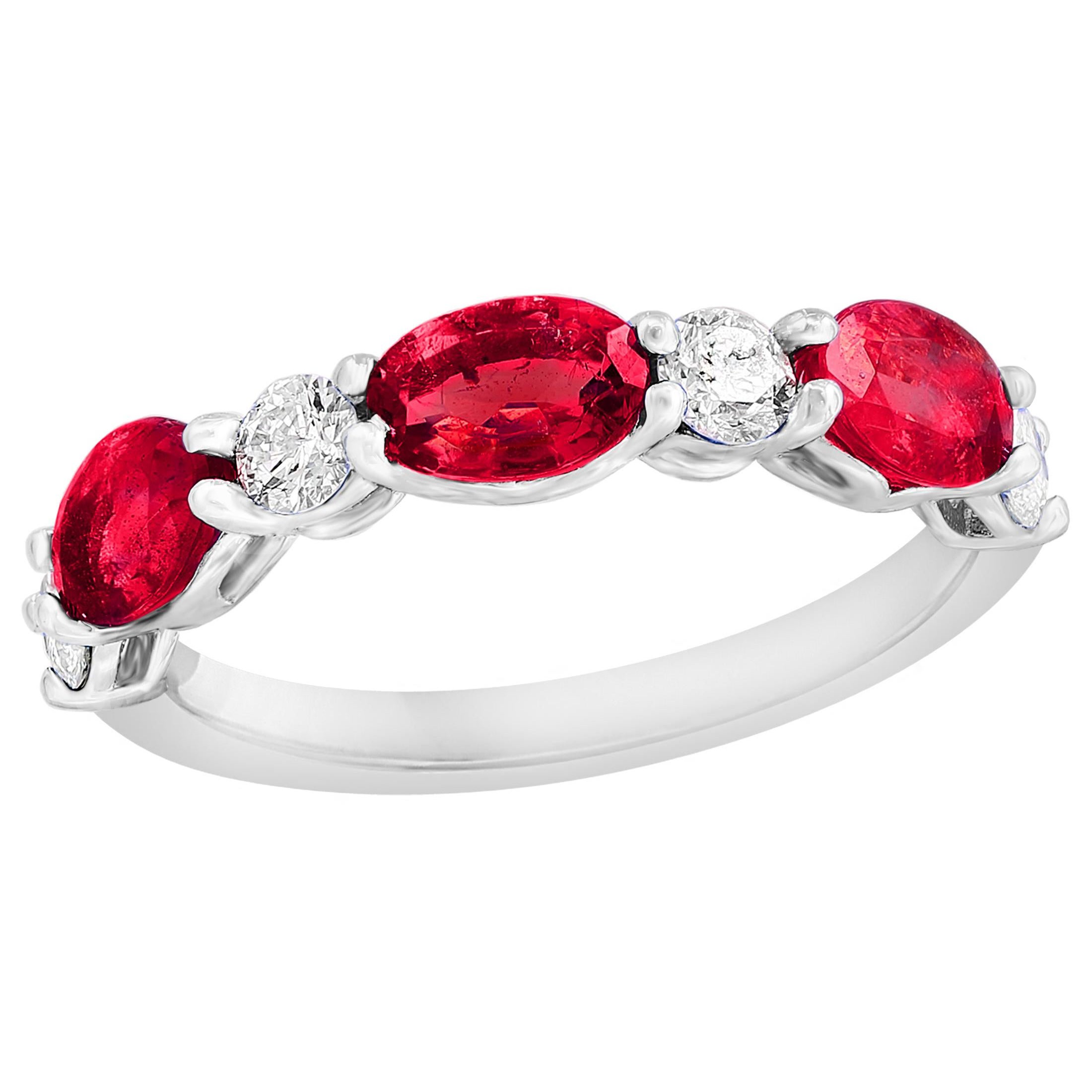 1.71 Carat Oval Cut Ruby and Diamond Band in 14K White Gold For Sale