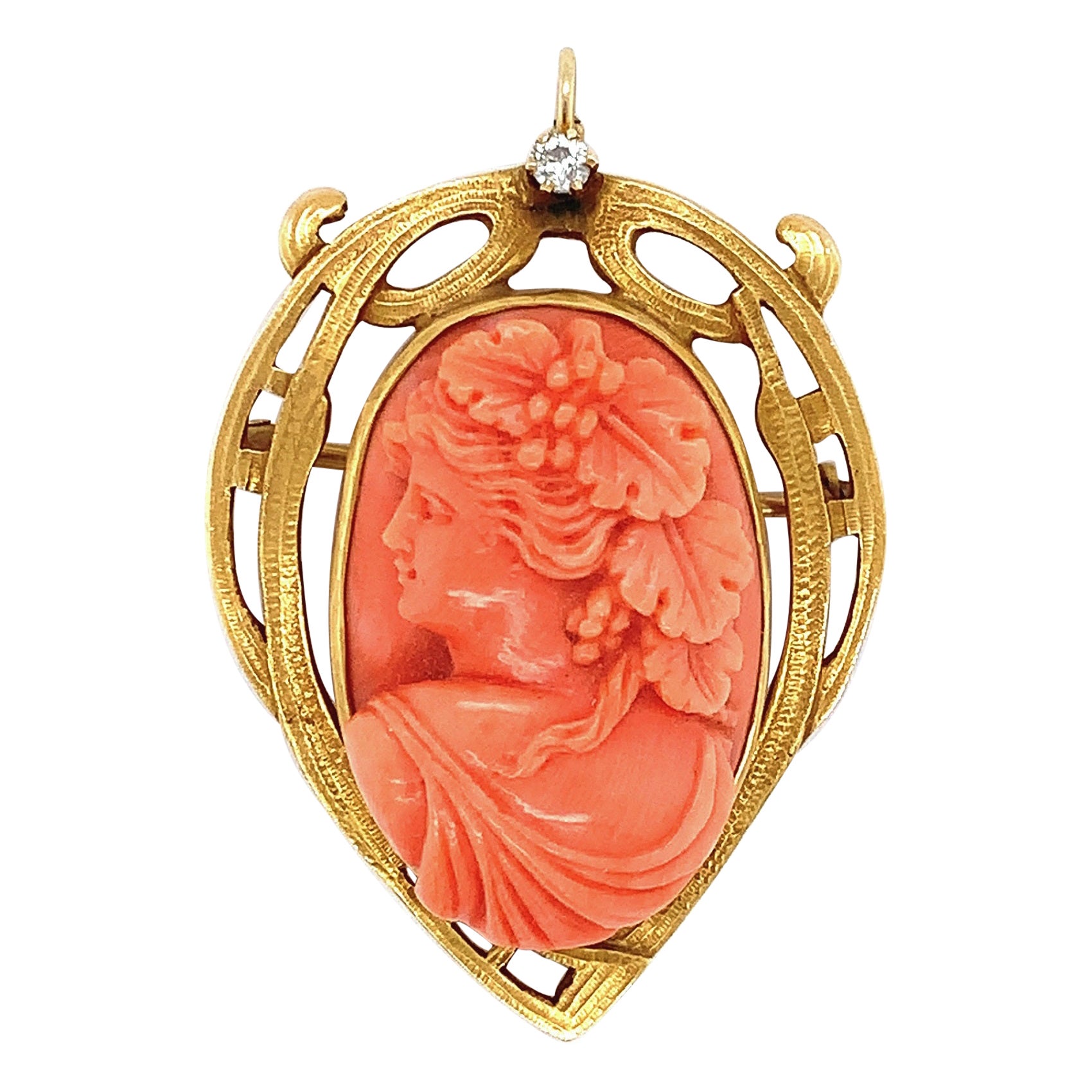 Antique 14K Coral Cameo Pin with Diamond For Sale