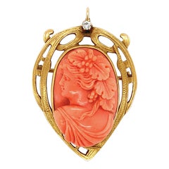 Antique 14K Coral Cameo Pin with Diamond