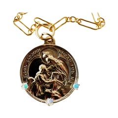Opal Medaillon Lange Kette Halskette Jungfrau Maria Anhänger Gold Vermeil J Dauphin
