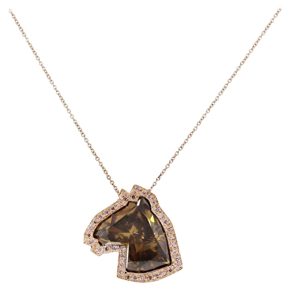 GIA 4.06 Carat Modified Brilliant Diamond Horse Necklace 14 Karat in Stock For Sale