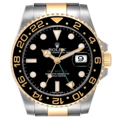 Rolex GMT Master II Yellow Gold Steel Black Dial Mens Watch 116713 Box Card