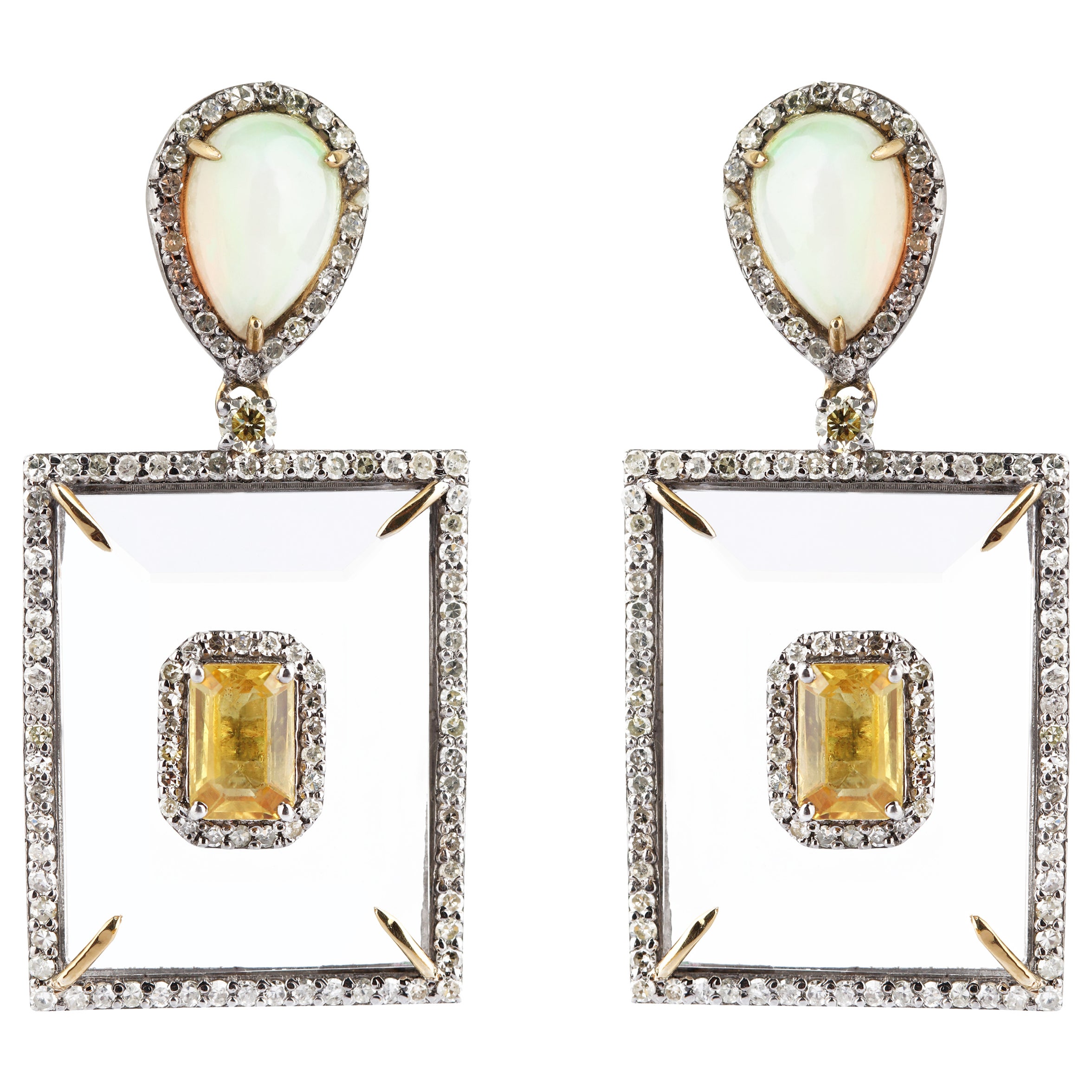 22.19 Carats Crystal, Diamond, Opal, and Yellow Sapphire Dangle Earrings
