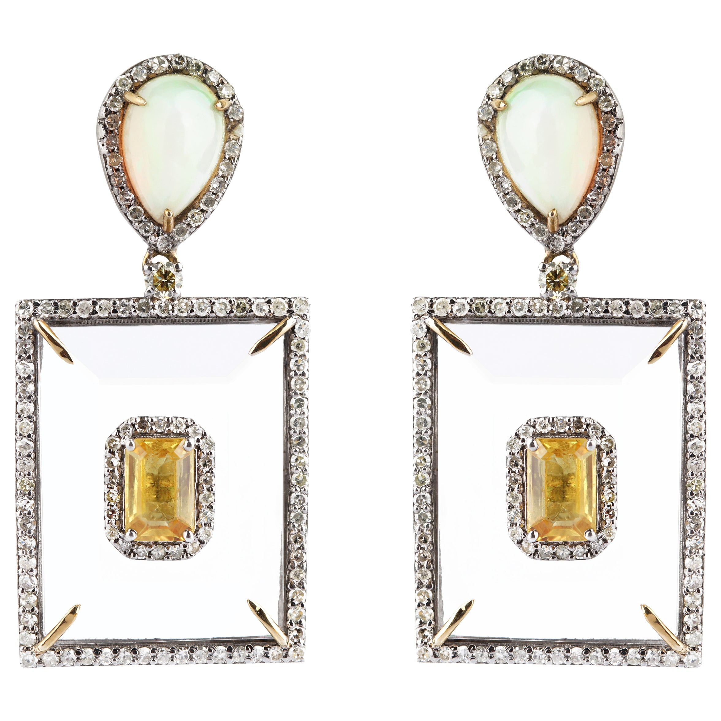 22.19 Carats Crystal, Diamond, Opal, and Yellow Sapphire Dangle Earrings