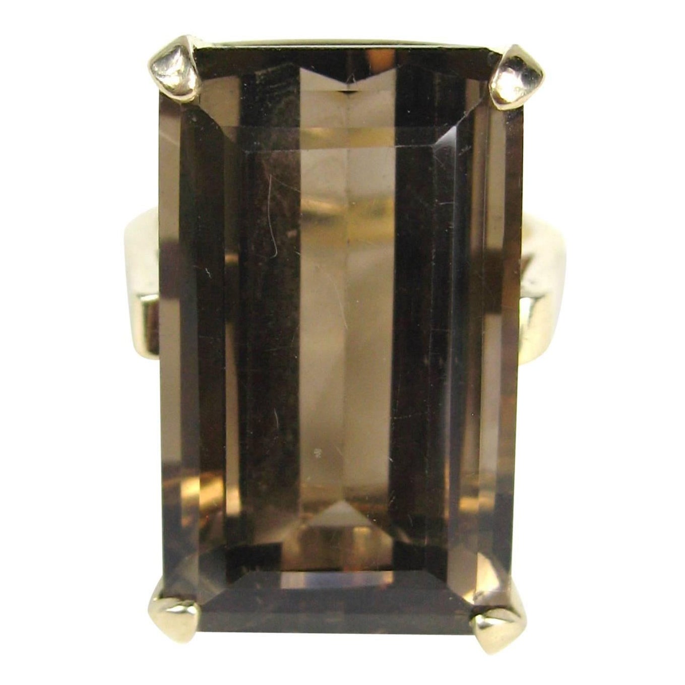 Smokey Quartz Emerald Cut 14 Karat Gold Ring 1960s 25 Carats For Sale