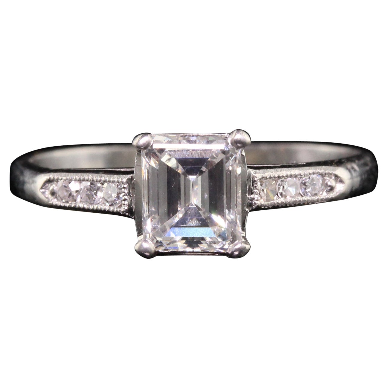 Antique Art Deco Platinum Emerald Cut Diamond Classic Engagement Ring, GIA  For Sale at 1stDibs