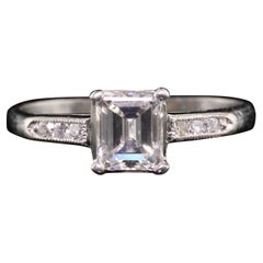 Antique Art Deco Platinum Emerald Cut Diamond Classic Engagement Ring, GIA