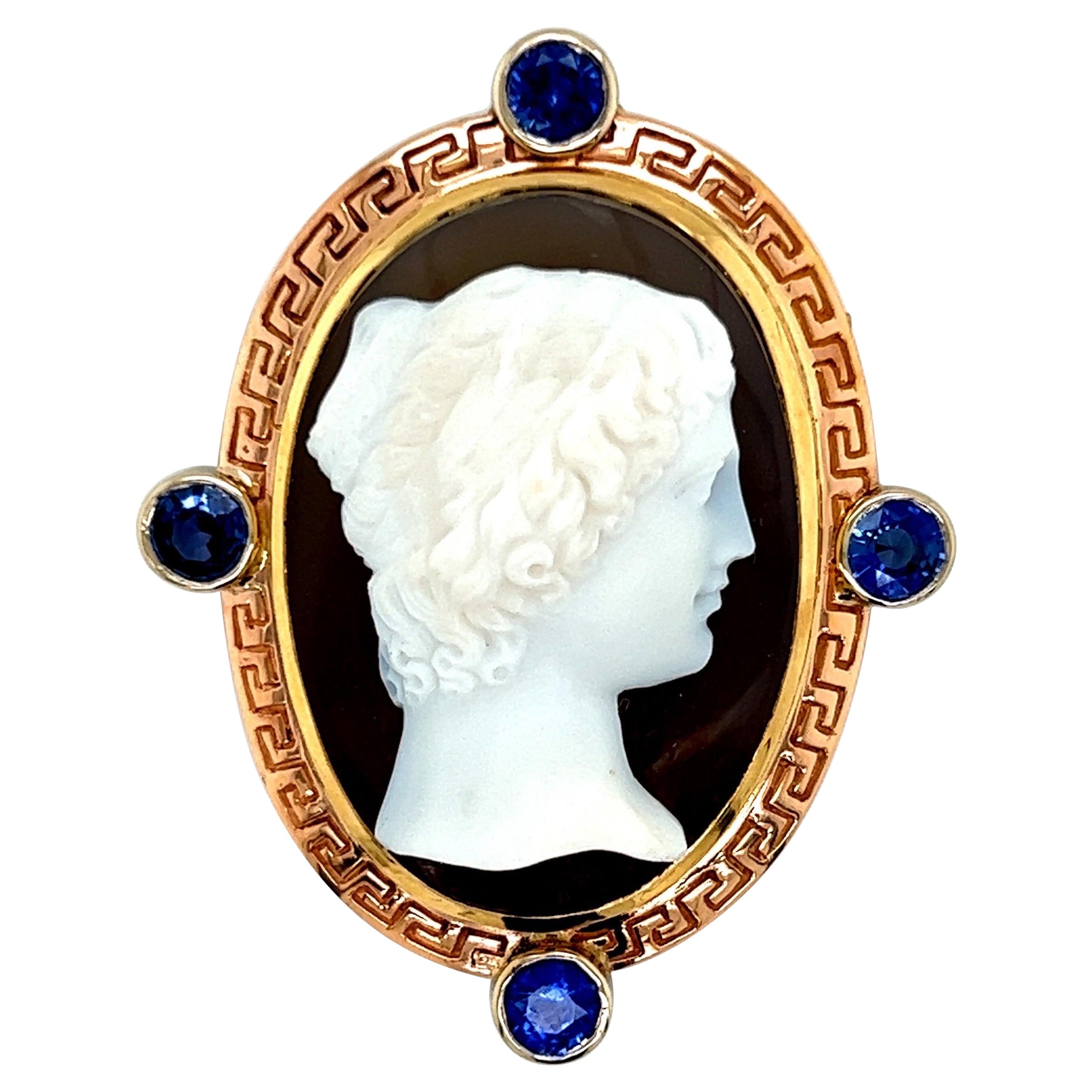 Antique Cameo of a Woman Pin 18k Yellow, White and Rose Gold 2.5ct of Sapphires For Sale