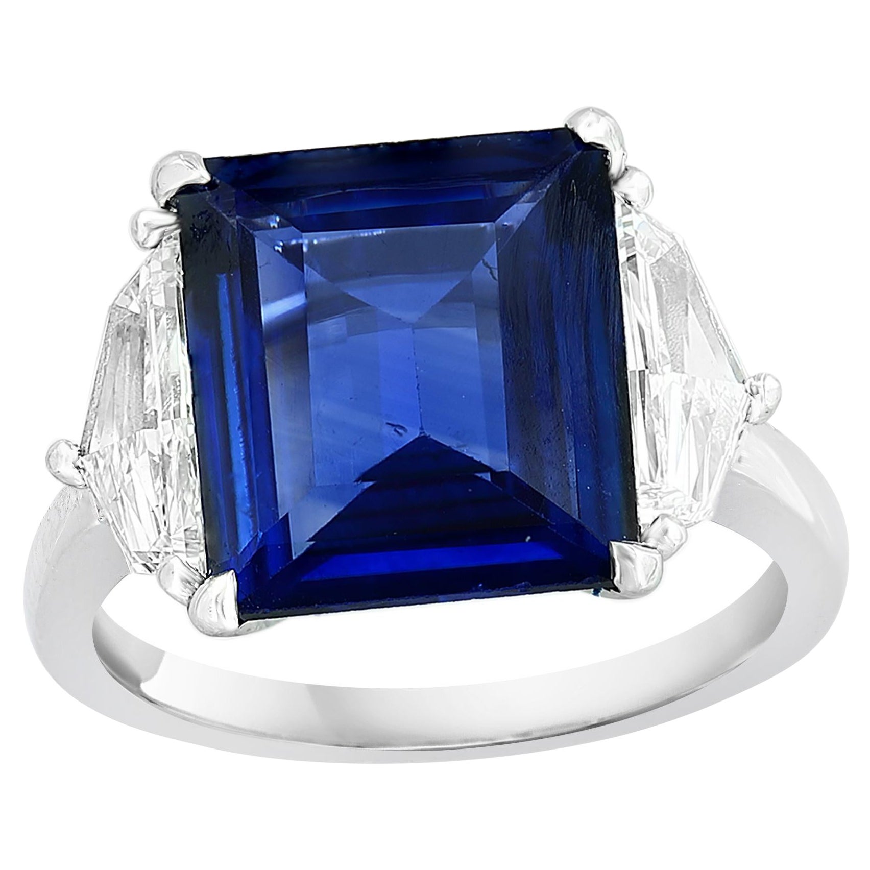 Certified 2.84 Carat Emerald Cut Sapphire & Diamond Engagement Ring in Platinum For Sale