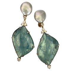 Michael Kneebone Sliced Aquamarine Coin Pearl White Diamond Dangle Earrings