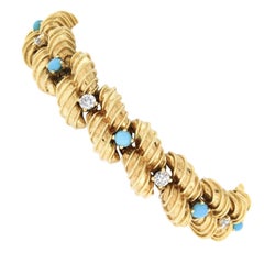 Vintage French 18k Gold Alternating Diamond & Turquoise Textured Link Bracelet