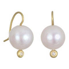 Faye Kim 18 Karat Gold White Freshwater Pearl Drop Earrings with Diamond Accent
