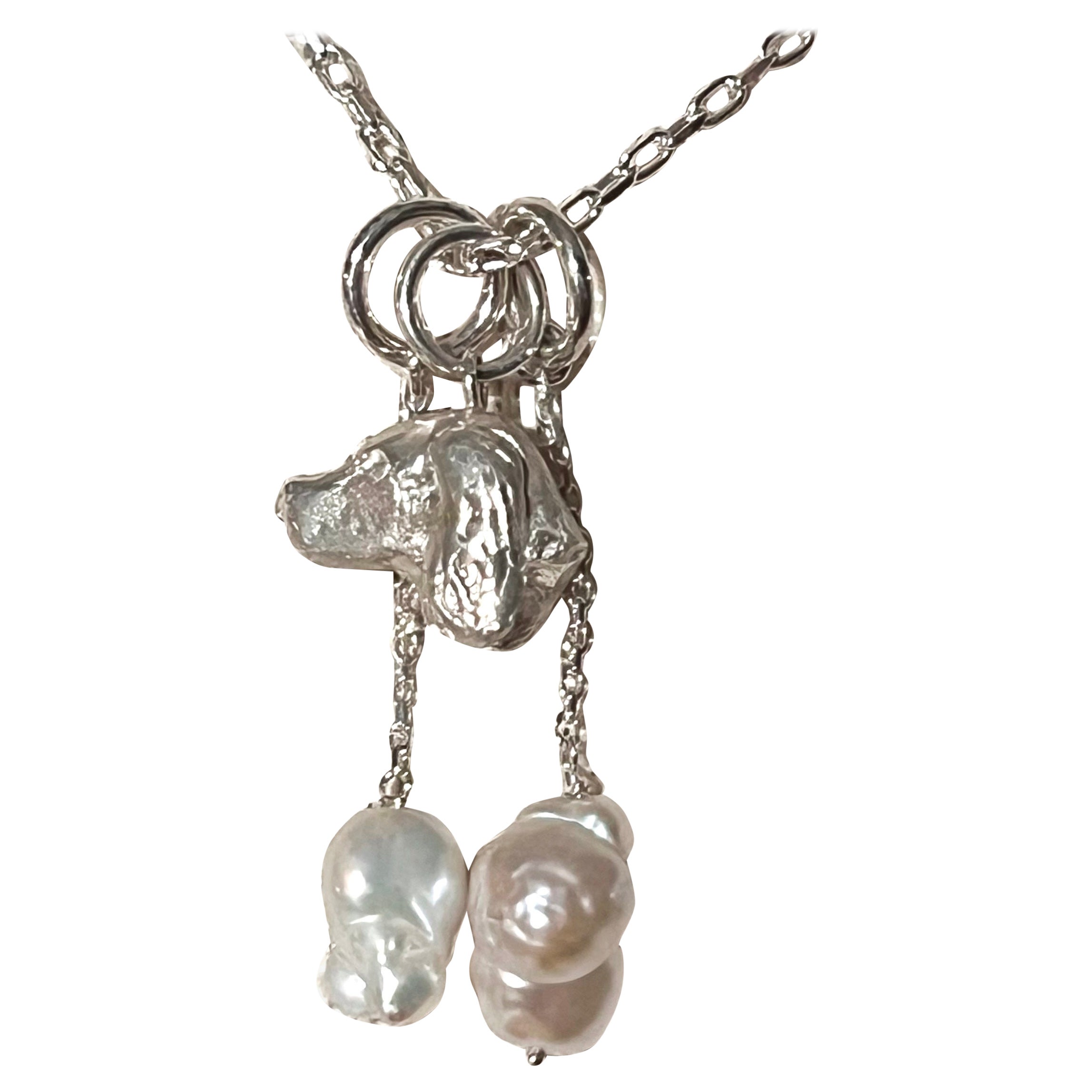 Paul Eaton Sculpted Spaniel Dog Head Pendant with One or Two Pearl Drops For Sale
