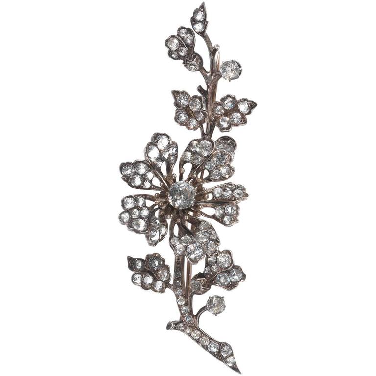 Mid-19th Century White Paste Naturalist Style Floral En Tremblant Spray Brooch For Sale