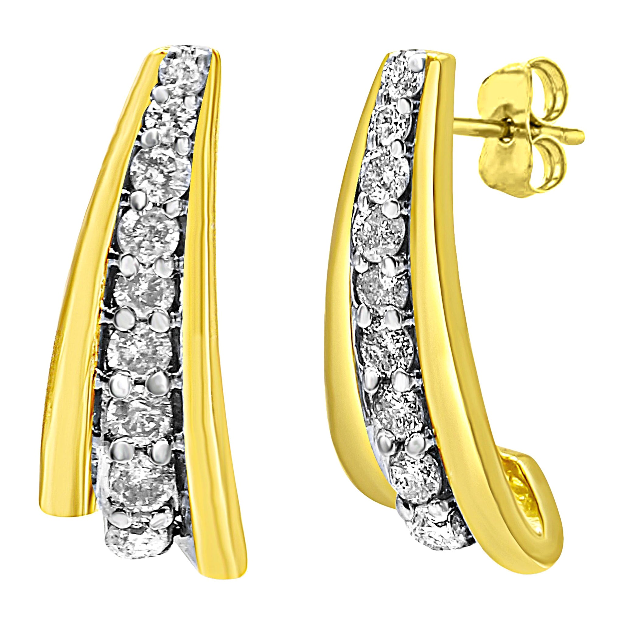 10K Yellow Gold Plated Sterling Silver 1/2 Carat Diamond Huggie Stud Earrings For Sale