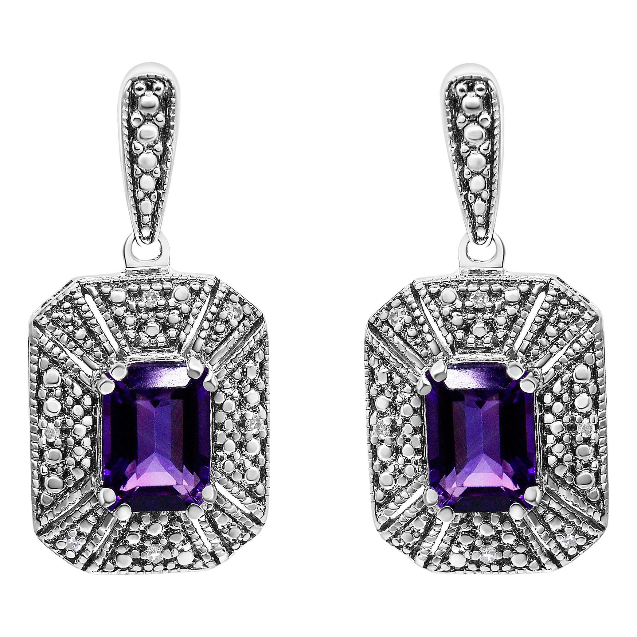 .925 Sterling Silver Diamond Accent and Purple Amethyst Gemstone Stud Earrings For Sale